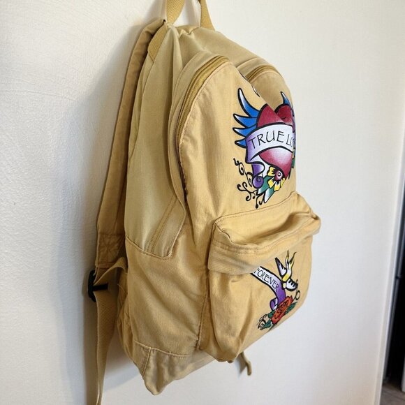 True Love Forever Yellow Cream Graphic Backpack Colorful Sacred Heart Bird - Picture 2 of 10